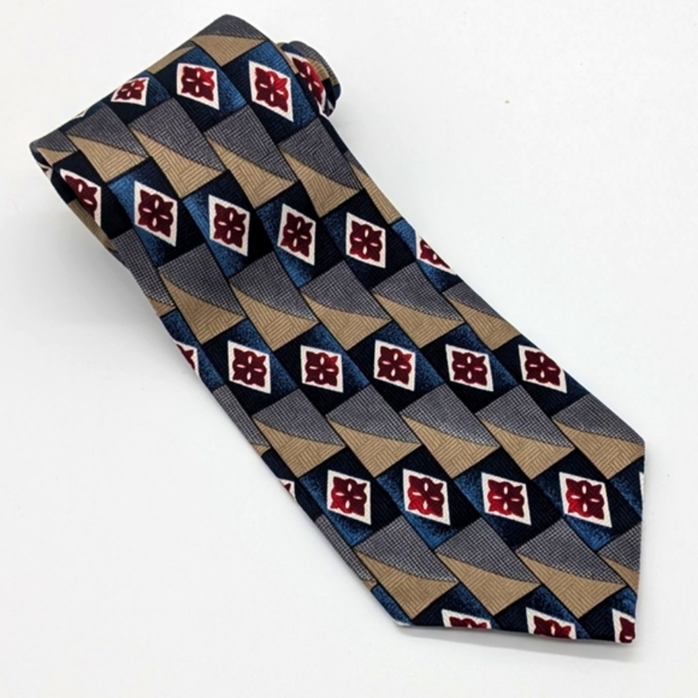 Wembley Men's Vintage Tie Geometric Pattern Gold Gray Red Blue White